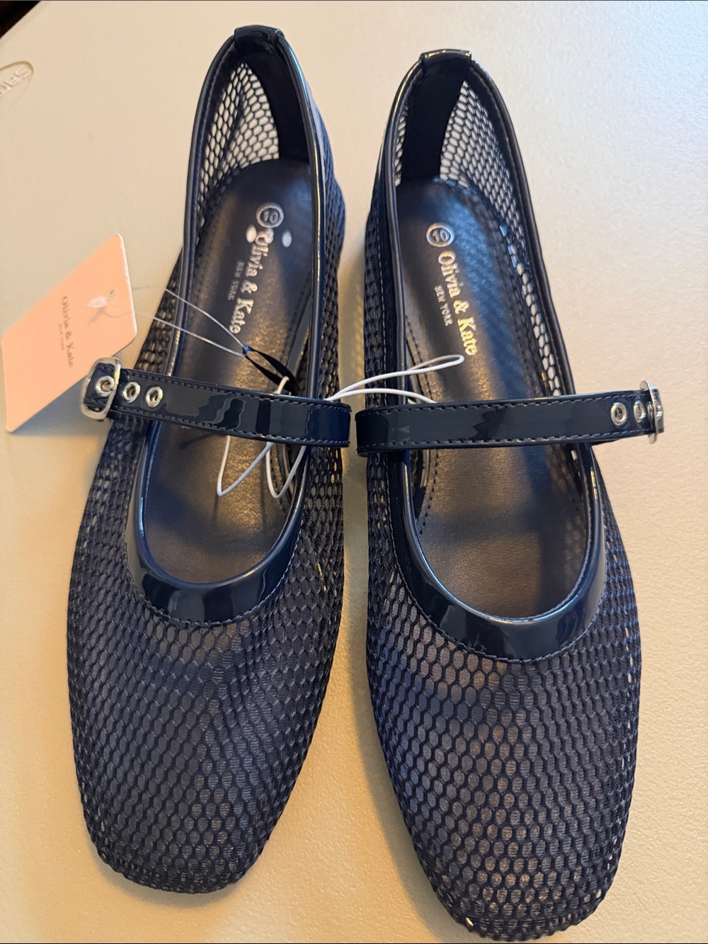 Navy Blue Mesh Mary Jane Flats with Patent Strap